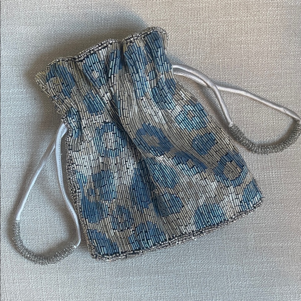 ZARA Silver and Blue Beaded Drawstring Bag